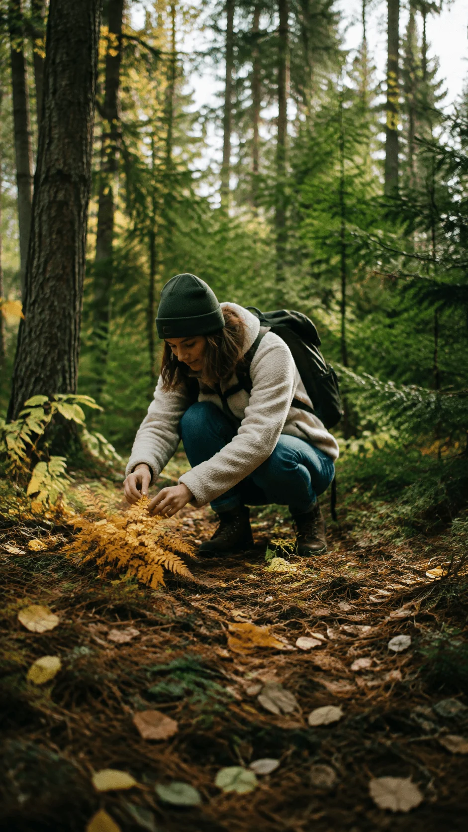 Documentary outdoor photography of a person exploring a forest and observing plants in a natural woodland environment