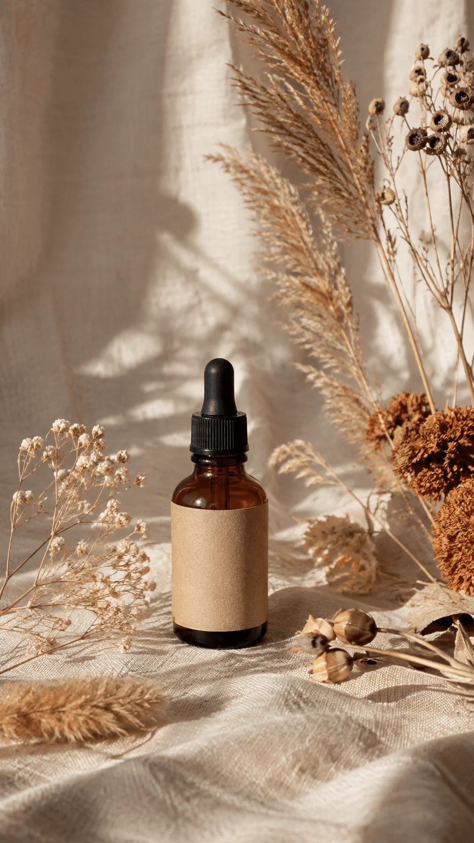 Dried botanical photography props with an amber glass dropper bottle, dried flowers, grasses, seed pods, and textured linen fabric in warm natural light