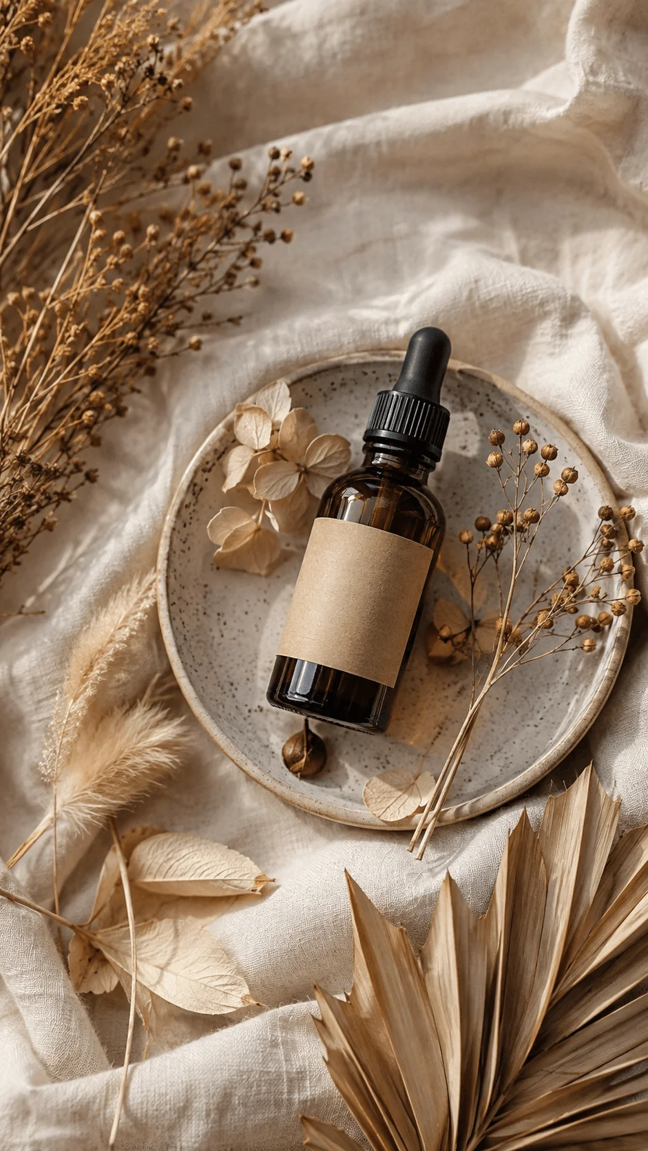 Dried botanical photography props featuring a natural skincare bottle on a ceramic plate surrounded by dried flowers, leaves, pampas grass, and palm leaves in warm neutral tones