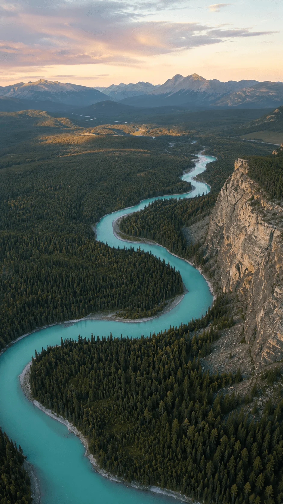 Aerial view of a turquoise winding river flowing through a dense evergreen forest beneath rugged mountains at sunset