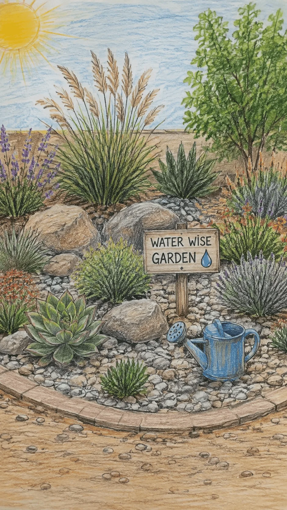 Drought friendly water wise garden drawing with rocks gravel ornamental grasses drought tolerant plants and a blue watering can