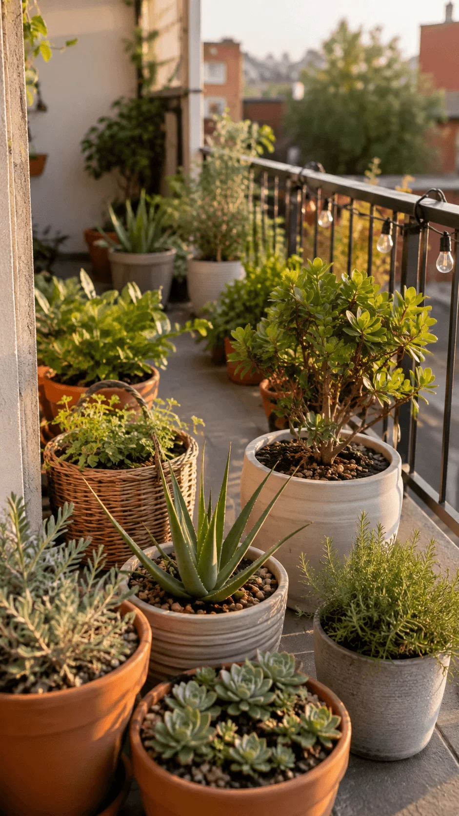 Drought tolerant apartment balcony garden with aloe succulents rosemary and hardy potted plants in warm sunlight