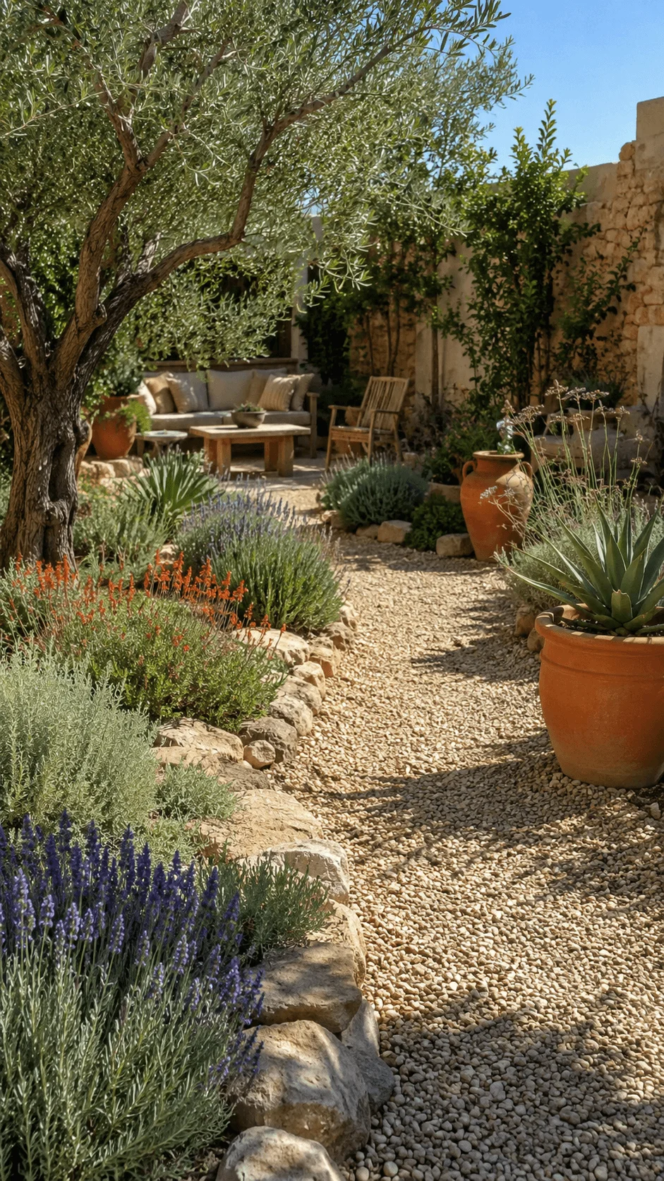 Drought tolerant Mediterranean garden with gravel pathway, olive tree, lavender, succulents, terracotta pots, natural stone borders and shaded outdoor seating area