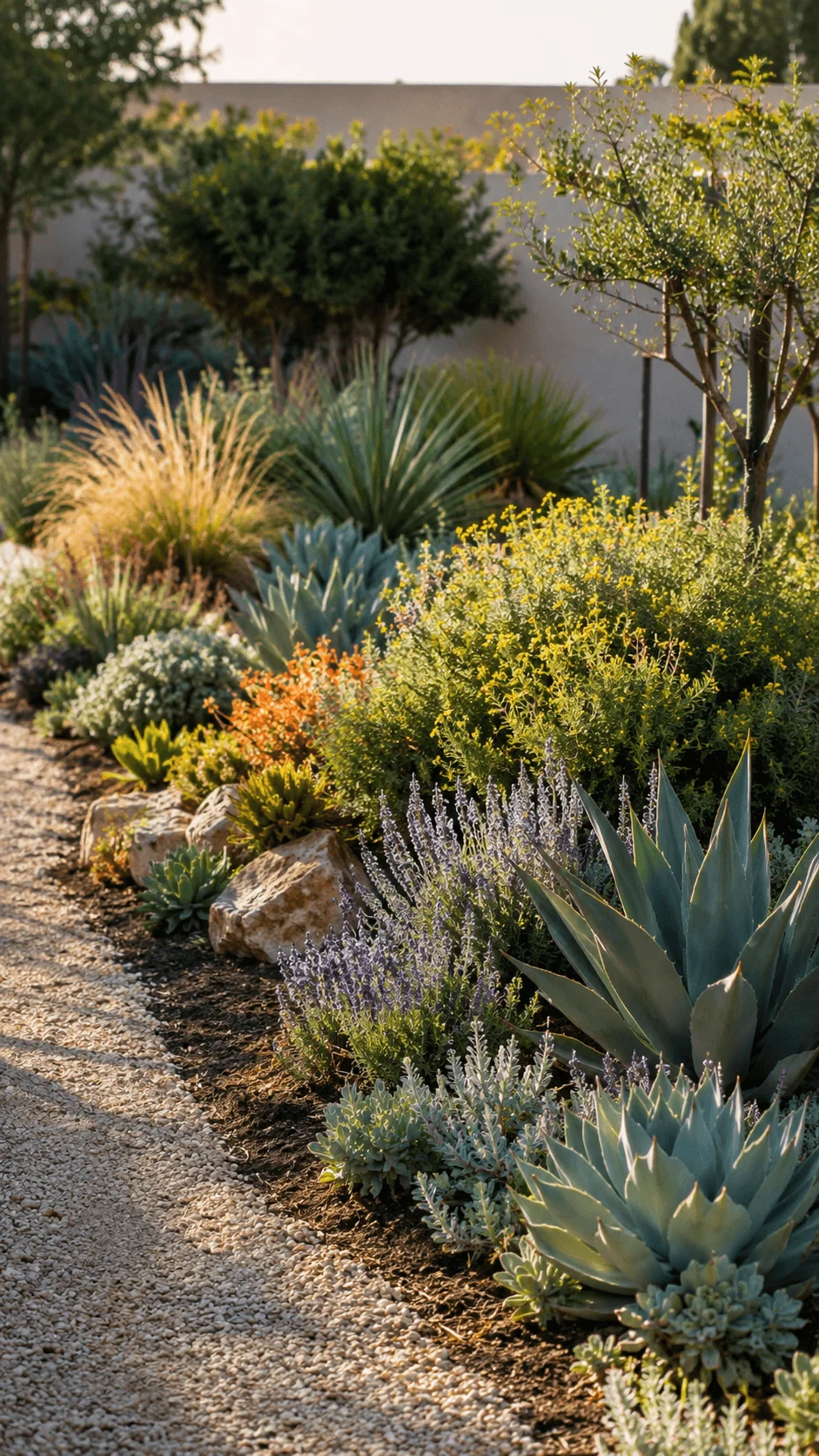 Drought tolerant garden border with agave succulents ornamental grasses colorful flowers and a gravel pathway