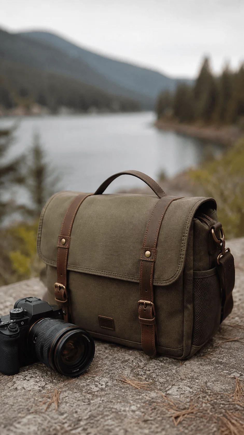 Durable canvas camera bag with leather straps and camera beside a mountain lake in nature