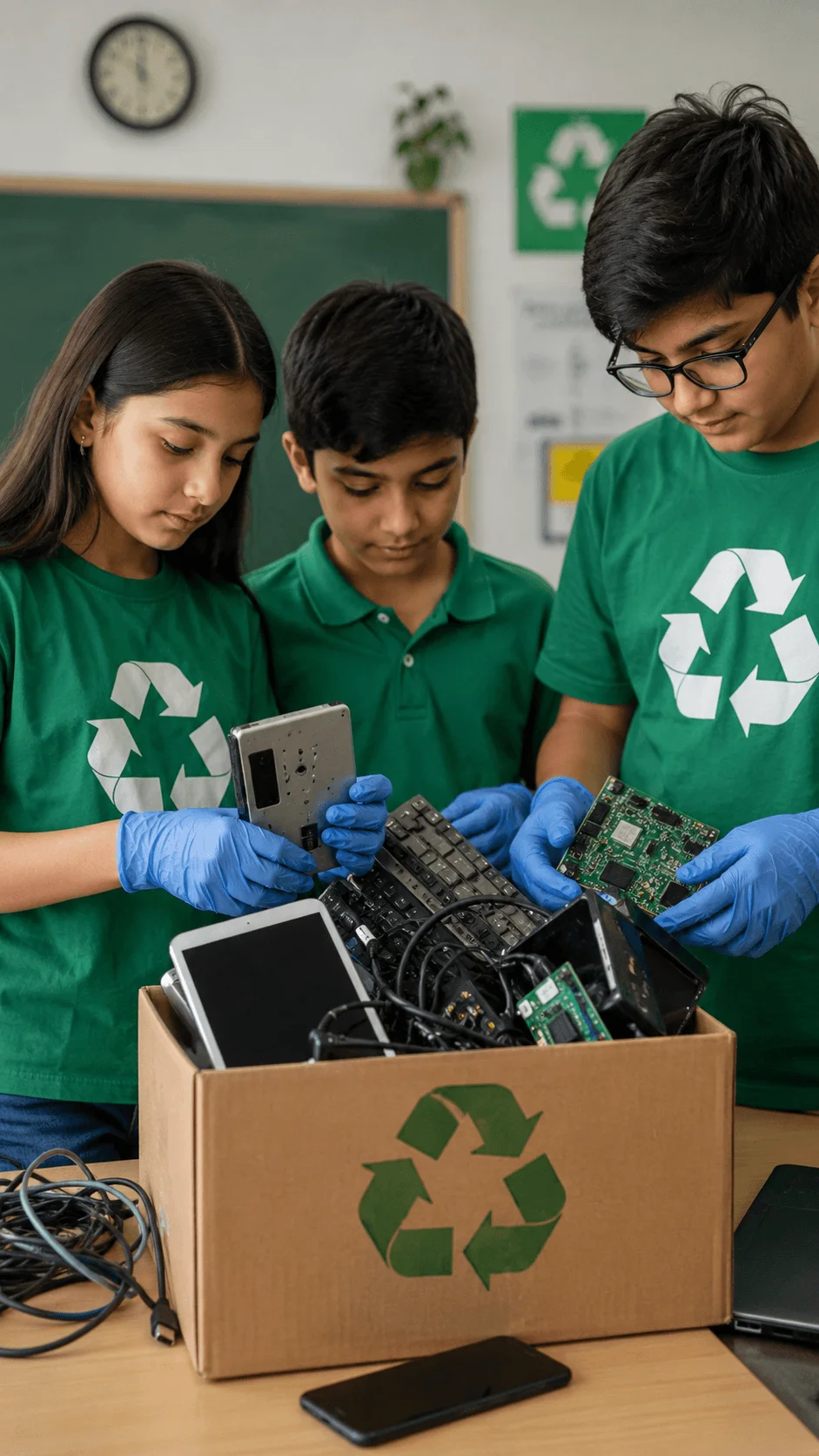 Students collecting and sorting discarded electronic devices and computer components for an e waste recycling project.