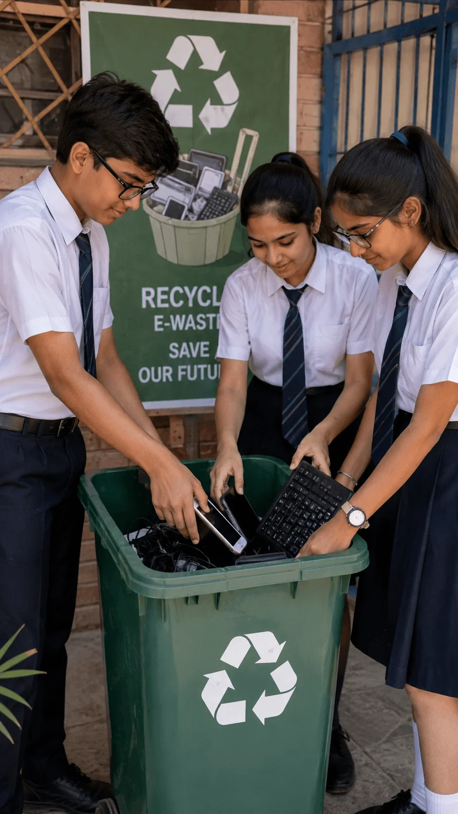 Students collecting old electronic devices in a school e waste recycling bin during an environmental awareness activity