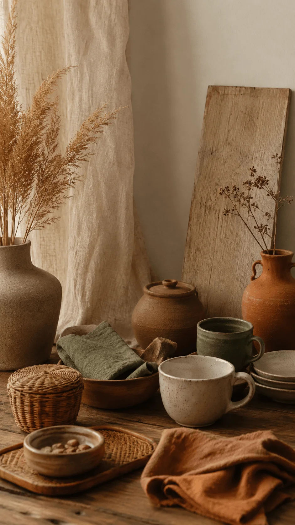 Earth tone photography featuring rustic ceramic pottery, woven baskets, linen fabrics, wooden textures and natural dried plants arranged in a warm minimalist interior with earthy colors and cozy sustainable style