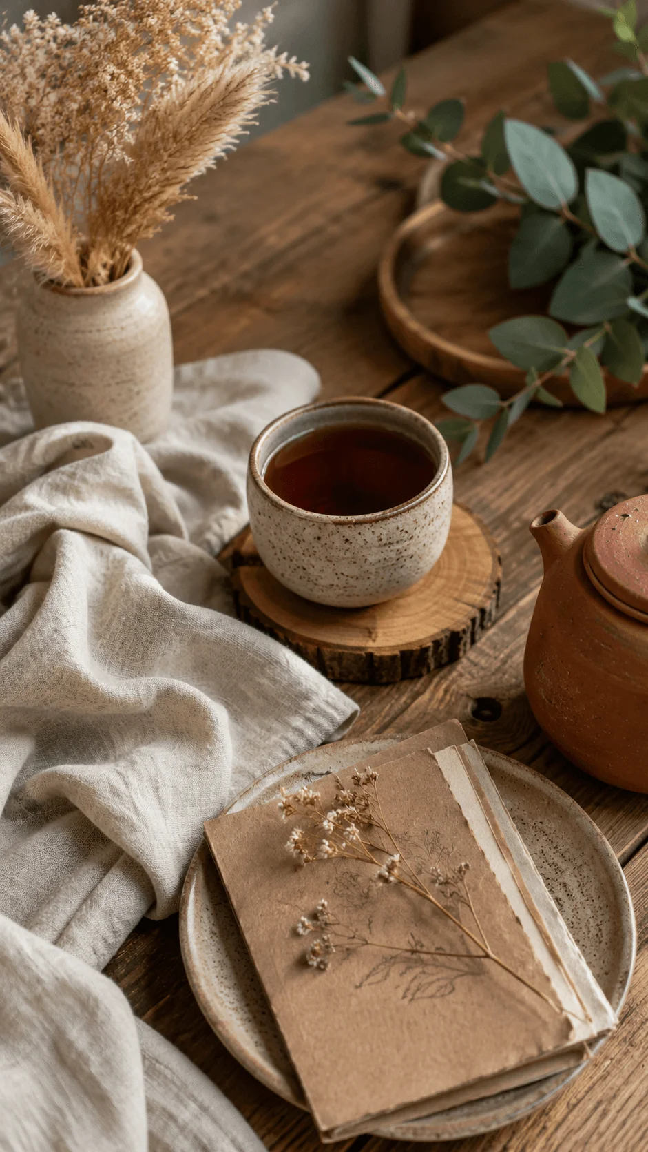 Earth tone eco friendly still life with ceramic tea cup, clay teapot, dried flowers, eucalyptus leaves, linen cloth, and handmade journal on a rustic wooden table