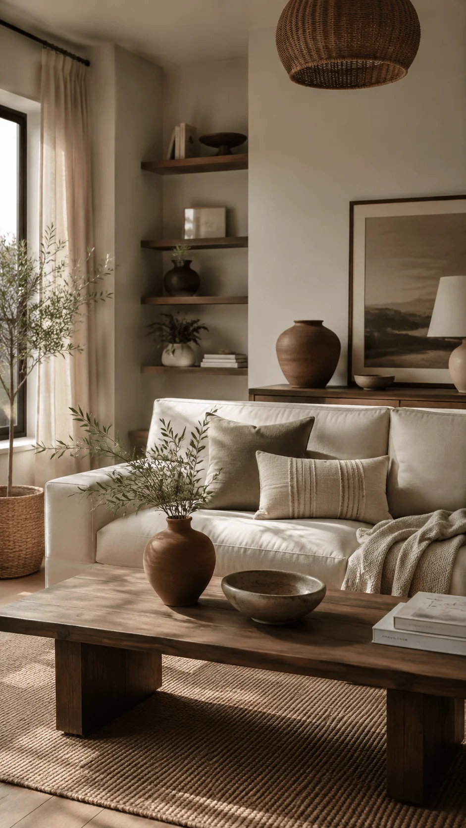 Earth tone home interior with neutral sofa wooden coffee table ceramic vase natural textures and warm minimalist decor with soft sunlight