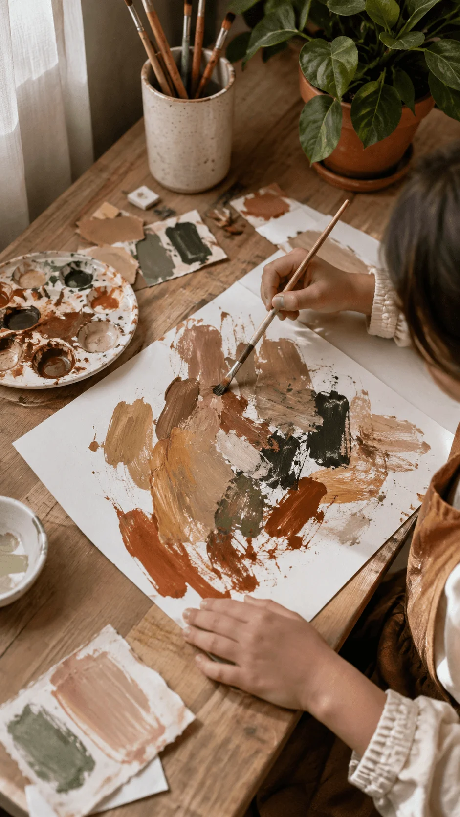 Earth tone painting ideas for kids with a child creating abstract artwork in natural brown green and beige colors