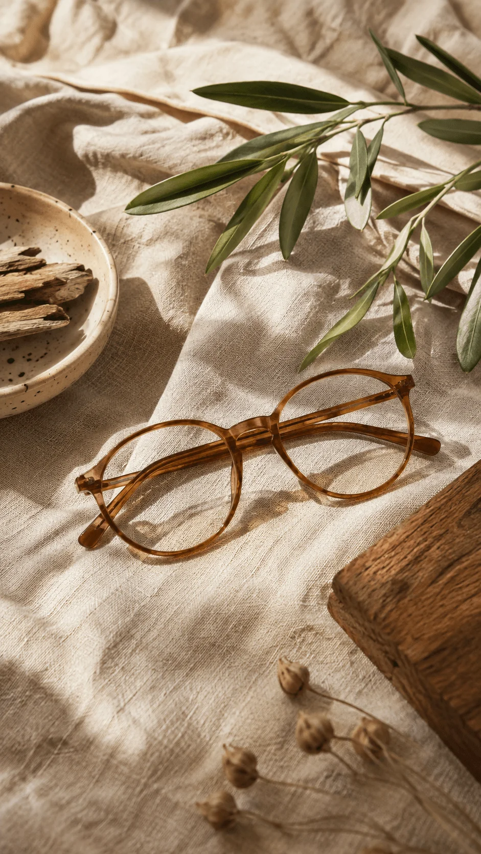 Earth tone sustainable glasses on natural linen fabric with olive branches, wood, and warm sunlight