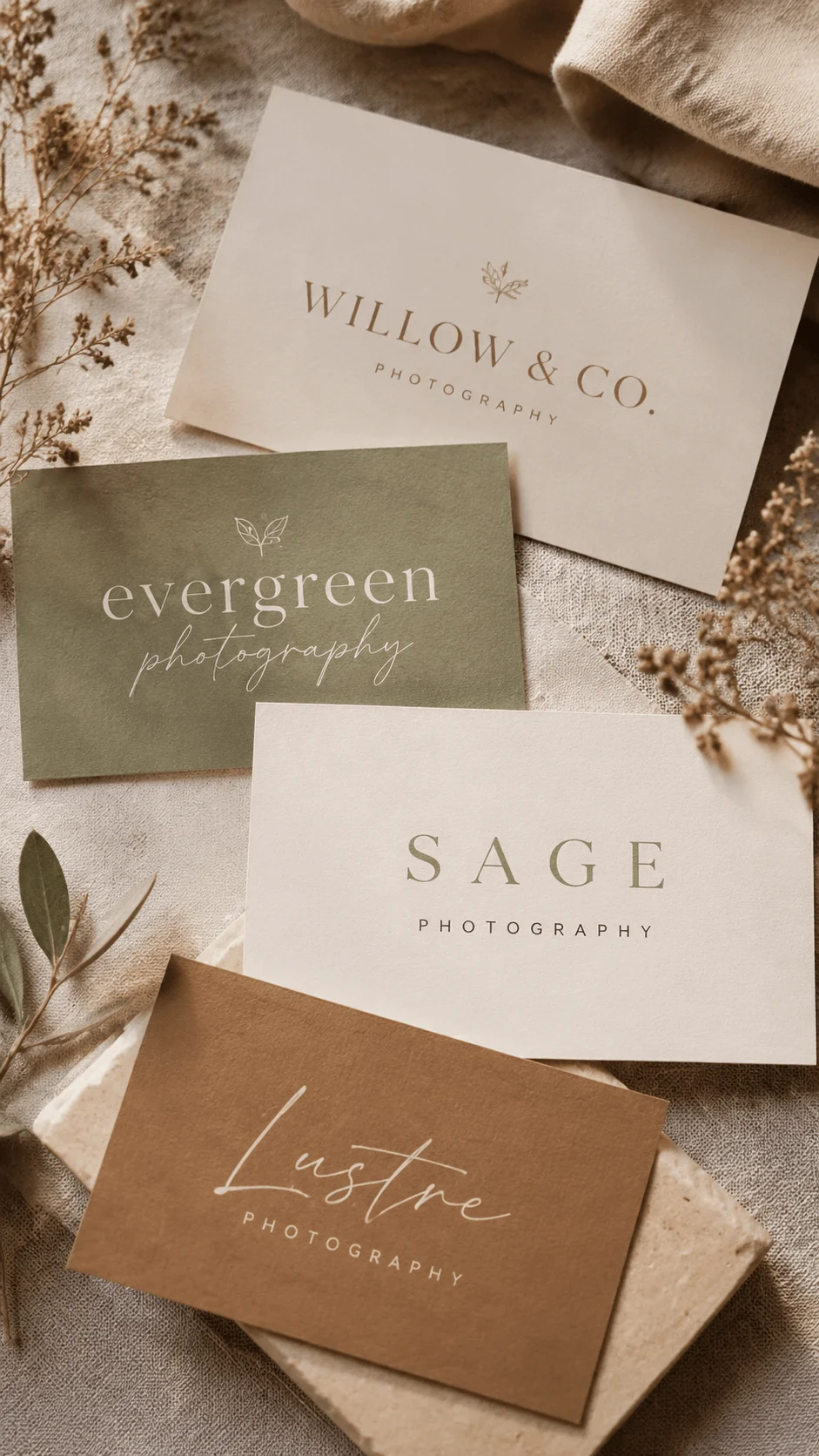 Earth tone typography photography logos displayed on elegant business cards with minimalist serif fonts, natural colors, dried flowers, and textured paper background