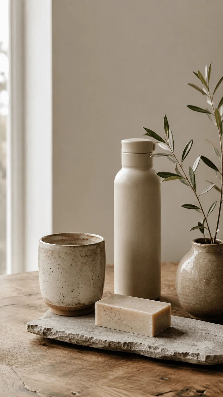 Earthy Aesthetic Photography Ideas featuring a ceramic cup, reusable bottle, handmade soap, natural stone tray and olive branch in warm natural light