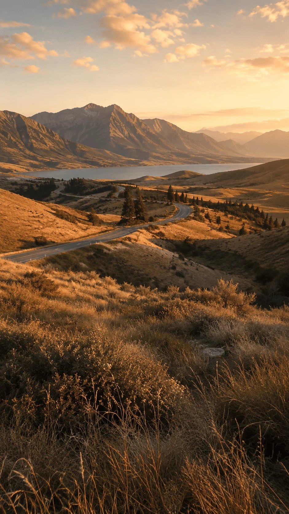 Earthy mountain landscape with golden grasslands, a winding road, peaceful lake, and rugged peaks glowing in warm sunset light