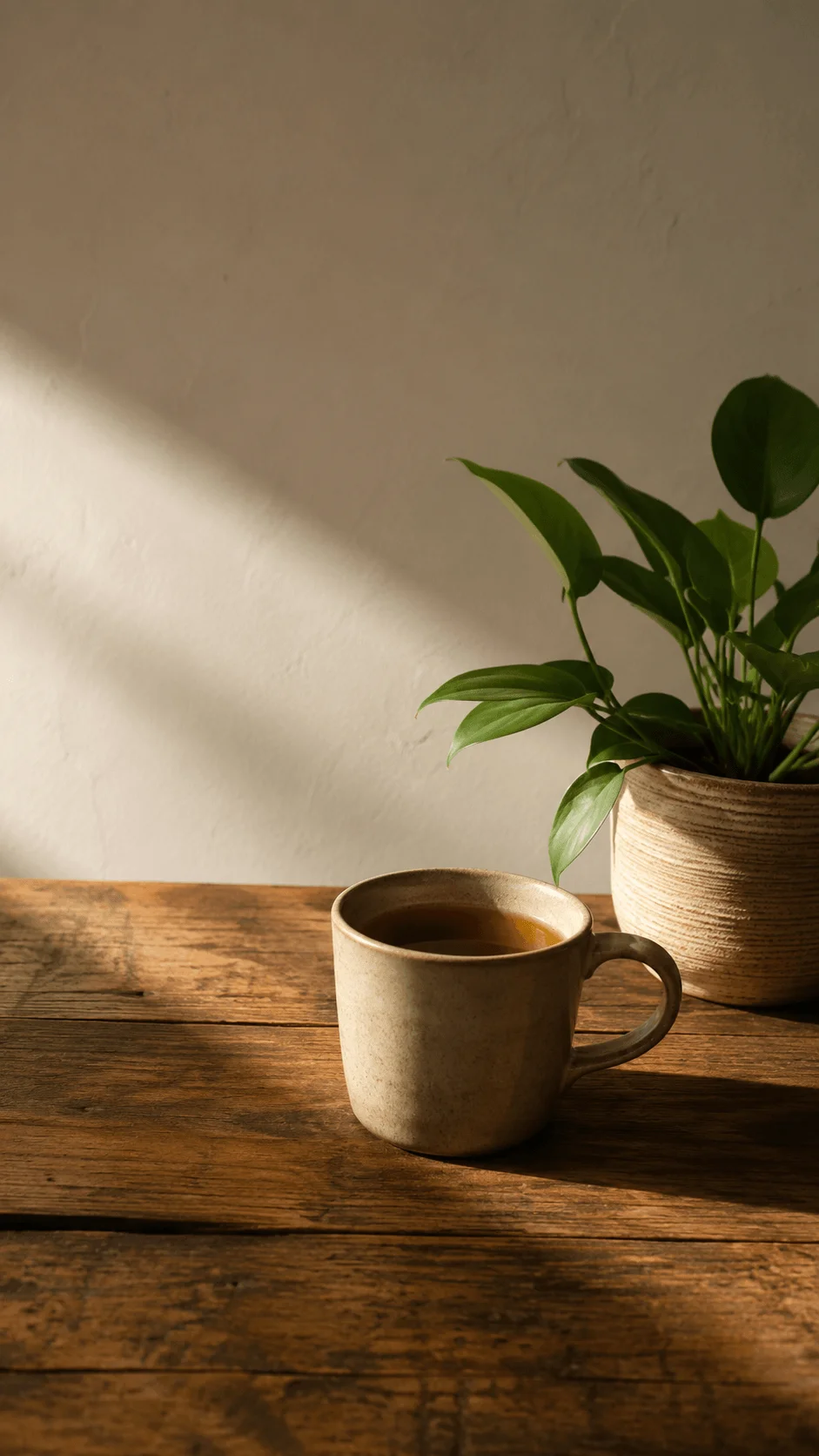 Earthy minimalist photography featuring a ceramic cup of tea and a green houseplant on a rustic wooden table in warm natural light