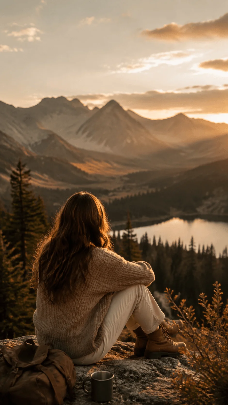 Earthy tone outdoor photography of a person sitting on a mountain viewpoint overlooking a lake with warm sunset light and natural landscape