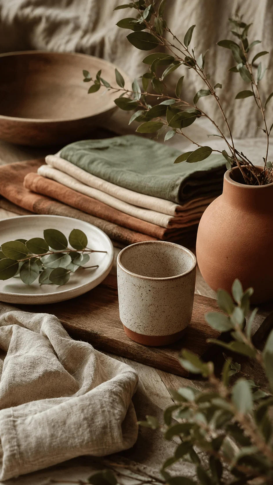 Earthy organic photography aesthetic with folded natural fabrics, ceramic pottery, a speckled cup, wooden tableware, and leafy branches arranged in warm neutral tones