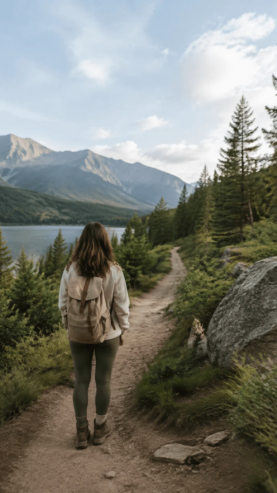 Eco adventure photography of a person hiking on a forest trail with a backpack beside a mountain lake and natural landscape