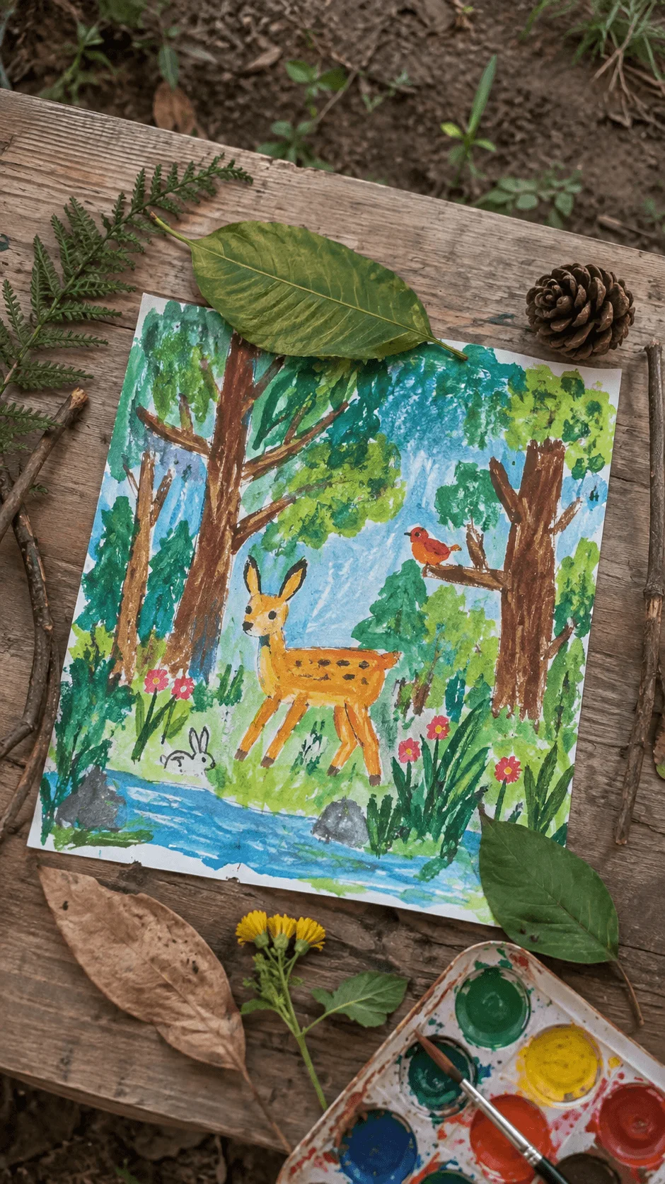 Eco art storytelling scene featuring a colorful woodland painting with a deer rabbit bird trees flowers and a stream surrounded by natural elements