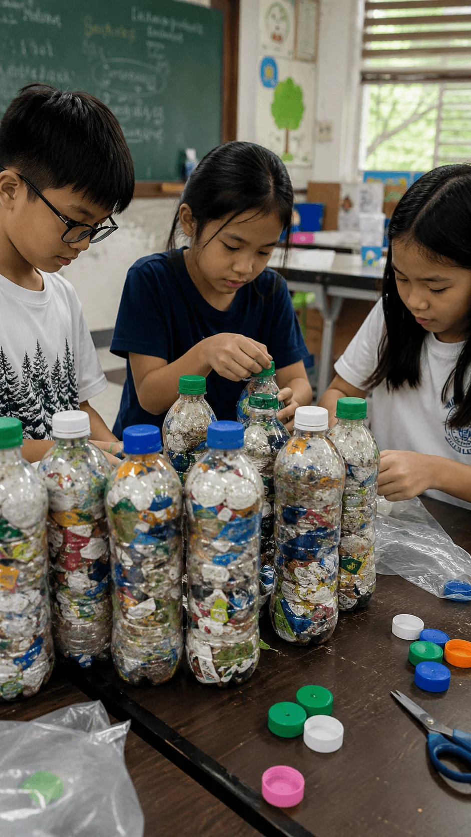 Students creating eco bricks by filling recycled plastic bottles with clean plastic waste in a classroom sustainability activity
