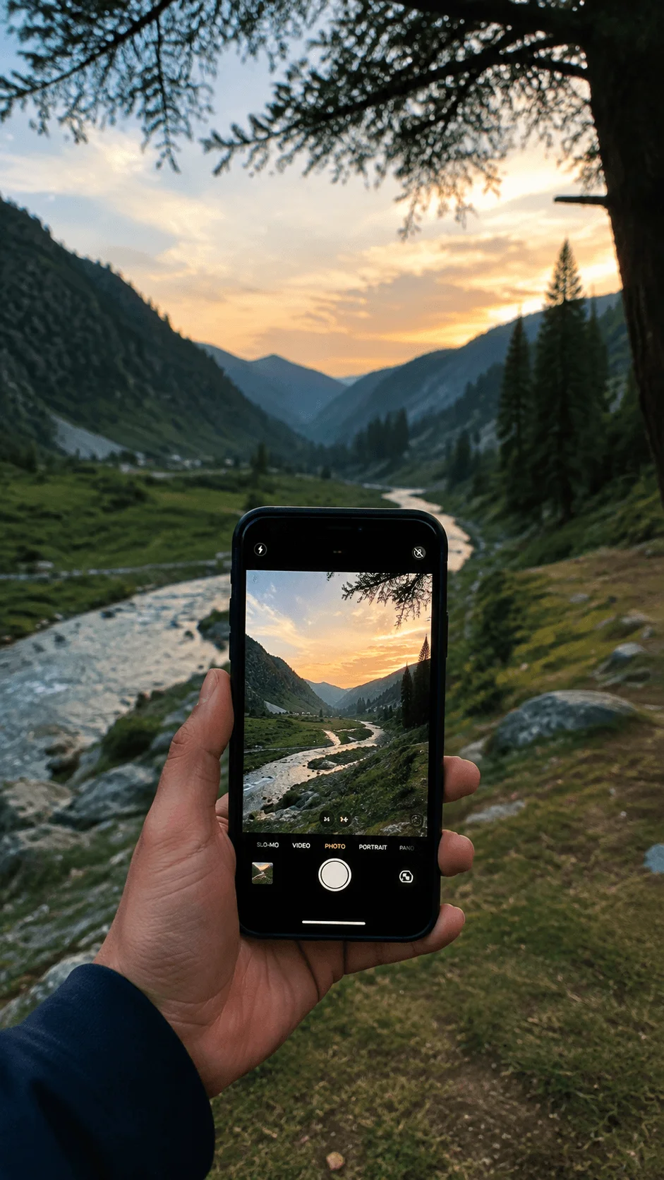 Eco conscious mobile photography showing a person capturing a mountain valley landscape with a smartphone and a river flowing through green nature scenery