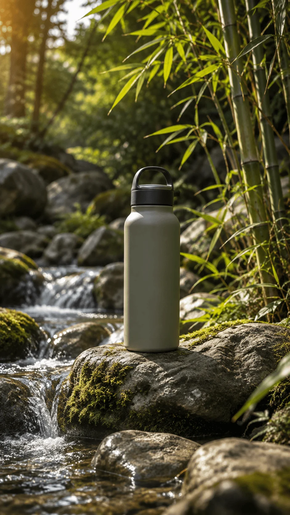 Eco friendly reusable water bottle displayed on a mossy rock beside a natural forest stream surrounded by bamboo and greenery