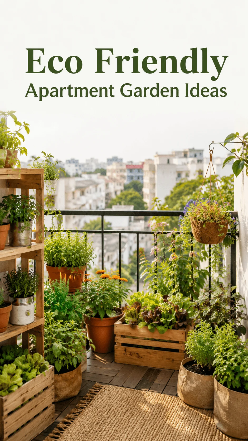Eco friendly apartment balcony garden with herbs vegetables flowers wooden planters hanging baskets and reusable containers overlooking a city view