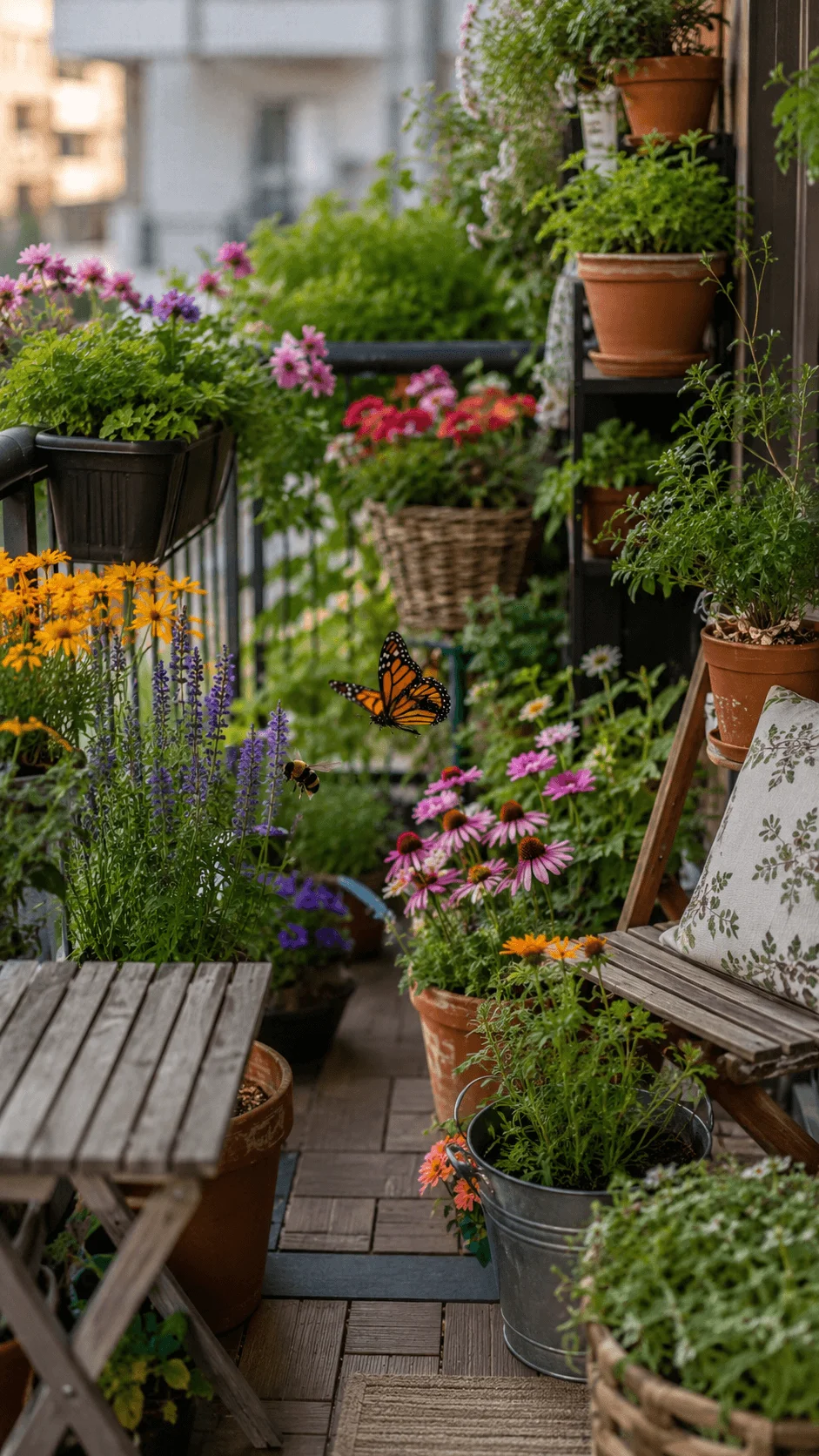 Eco friendly balcony pollinator garden with colorful flowers herbs a monarch butterfly and a bee among lush container plants