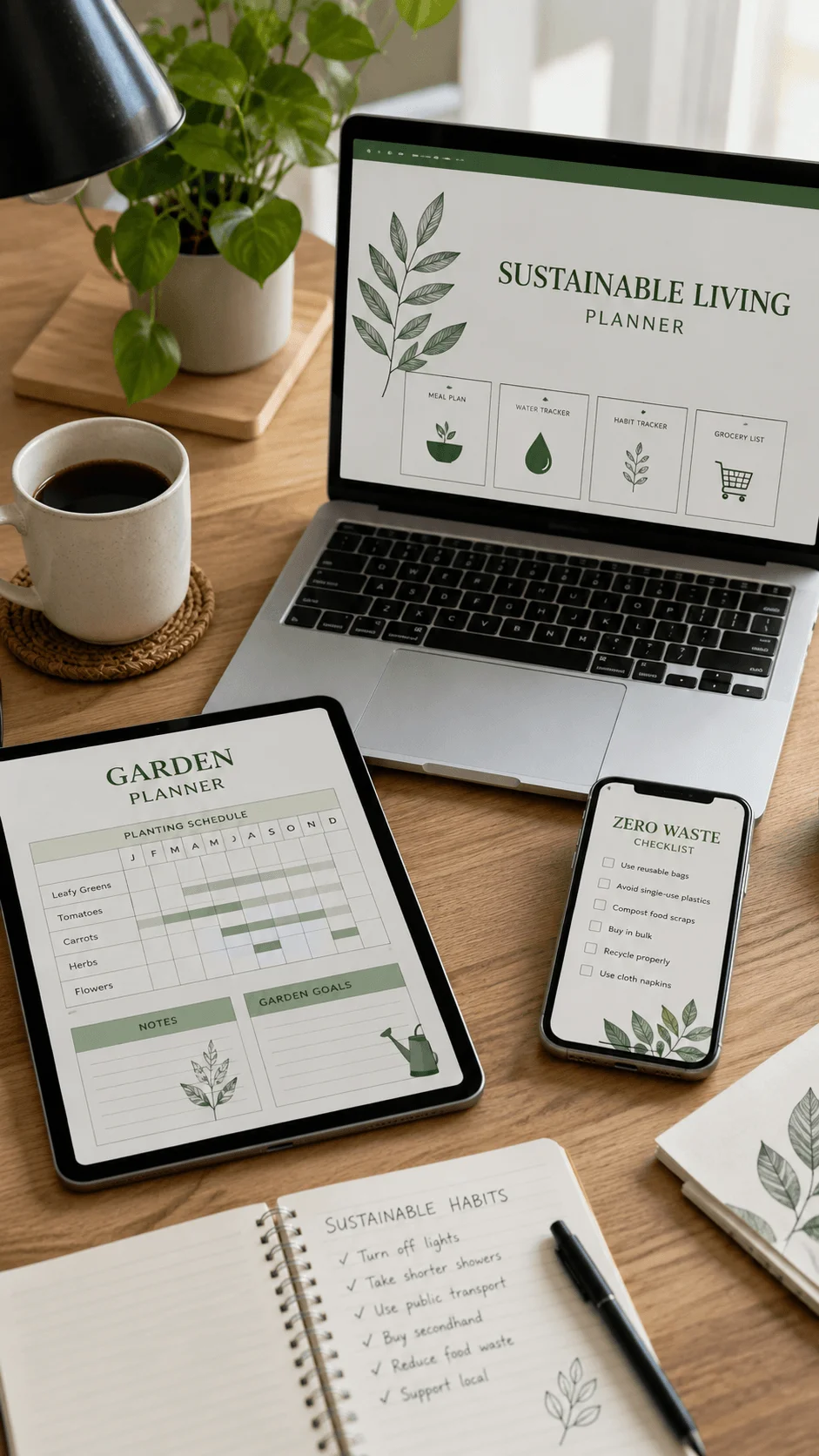 Eco friendly digital products with sustainable living planner garden planner zero waste checklist and green habit tracker