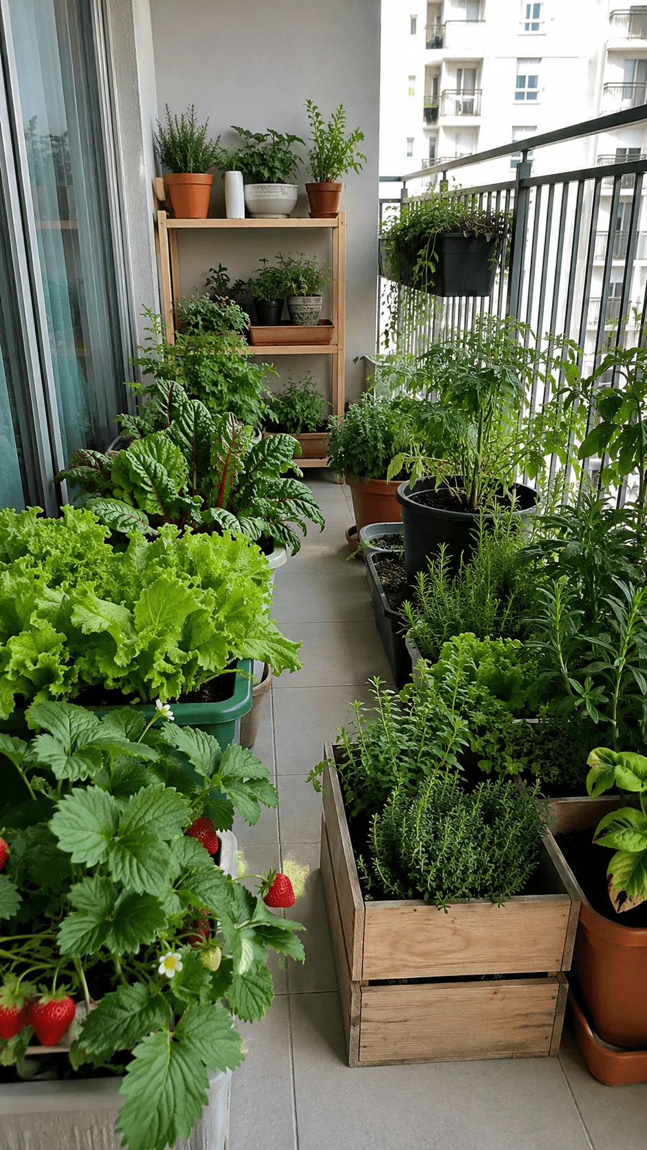Eco friendly edible apartment balcony garden with strawberries lettuce herbs tomatoes leafy greens and vegetables growing in containers and wooden planters