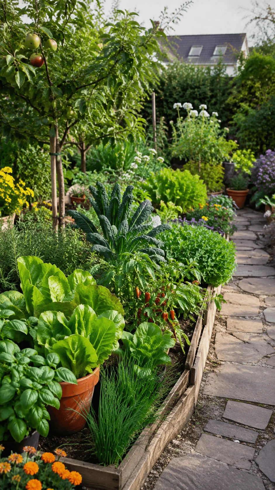Eco friendly edible landscaping with fruit trees leafy vegetables herbs flowers and raised garden beds beside a stone path