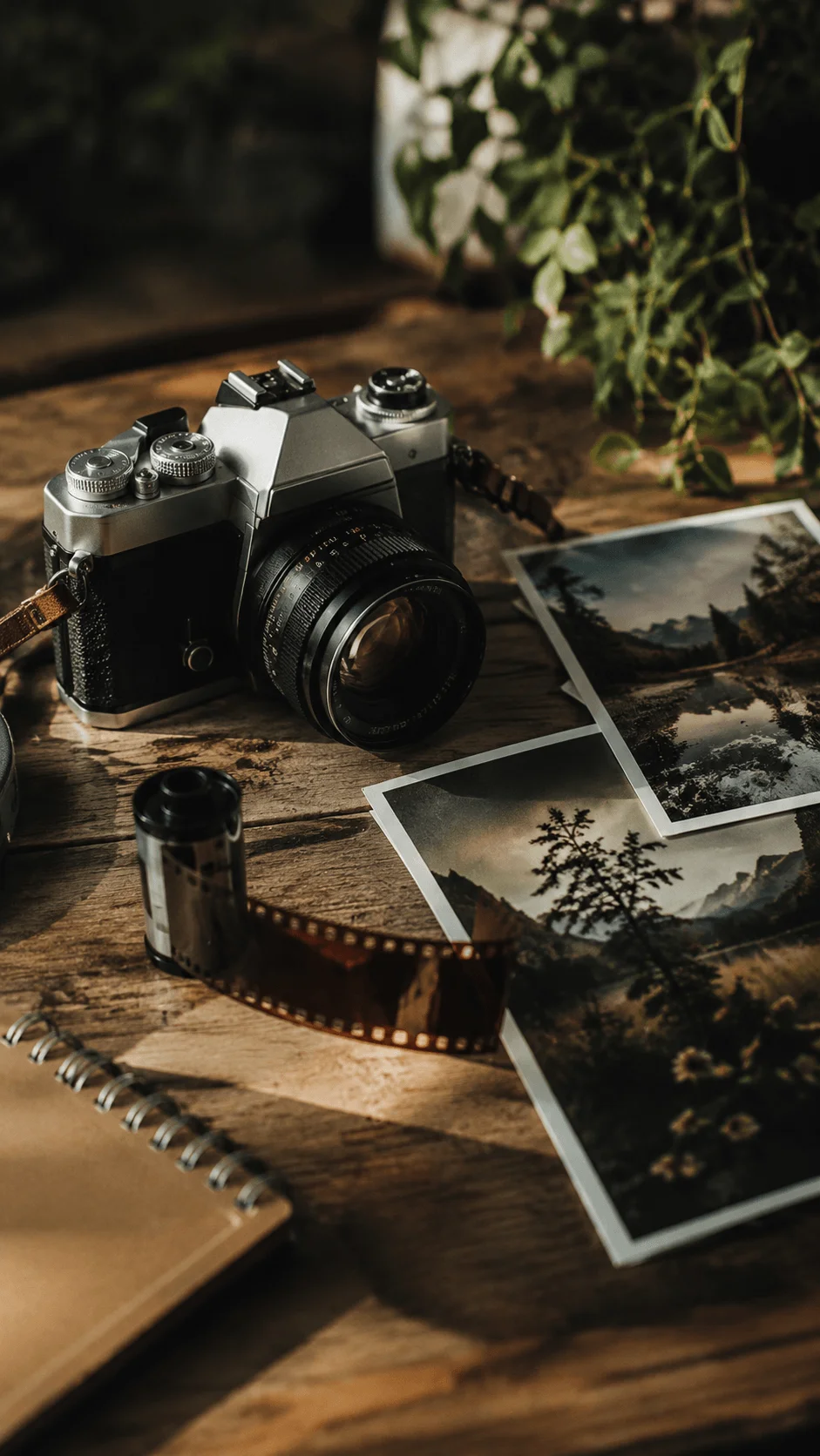 Vintage film camera with exposed film strip, landscape photographs and a notebook on a wooden table surrounded by greenery