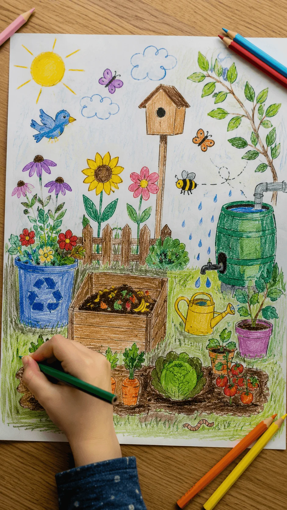 Eco friendly garden drawing for kids with flowers vegetables compost bin rain barrel recycling container birdhouse butterflies bee and watering can