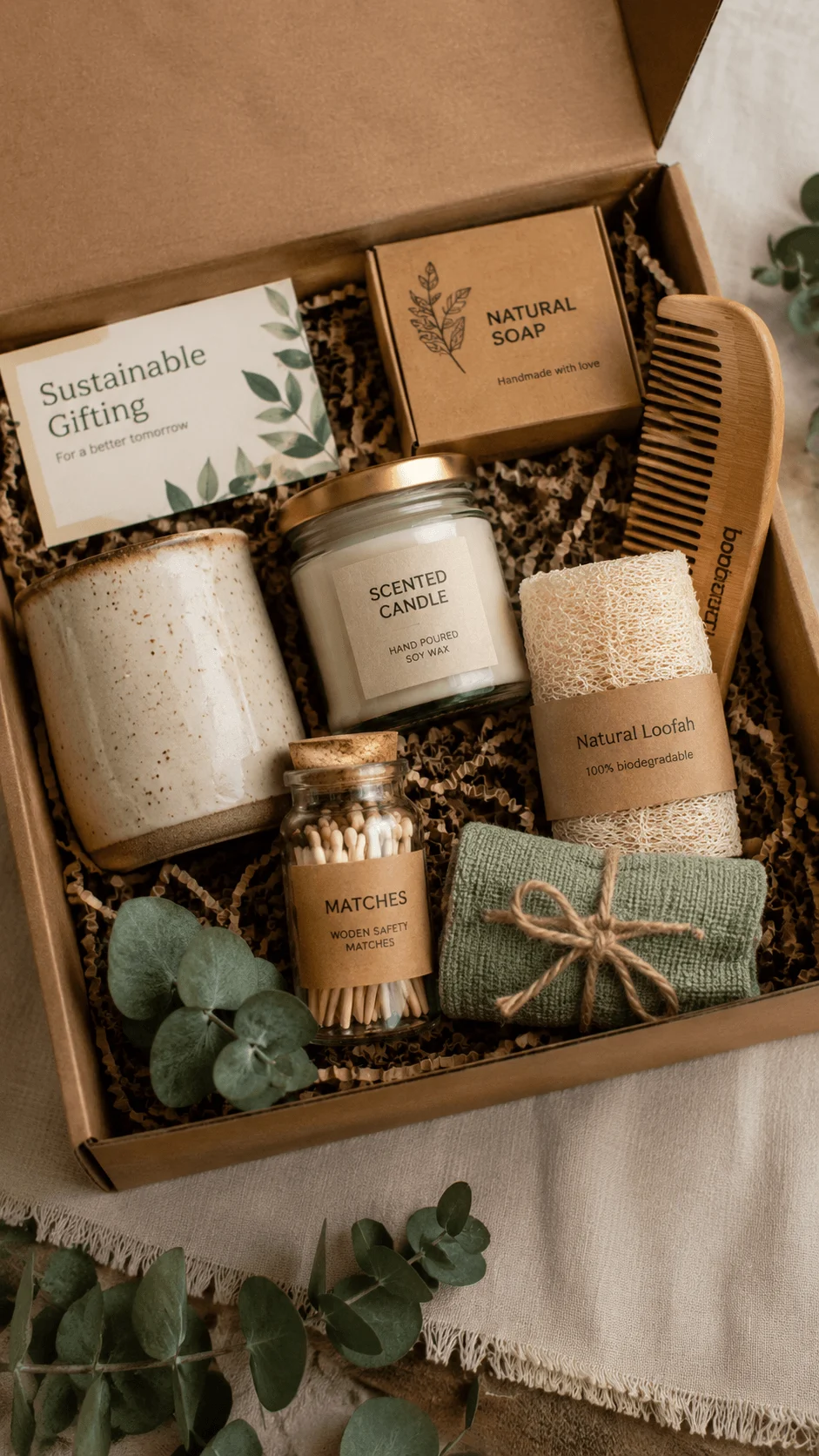 Eco friendly gift box business with natural soap scented candle bamboo comb loofah reusable cloth and sustainable packaging
