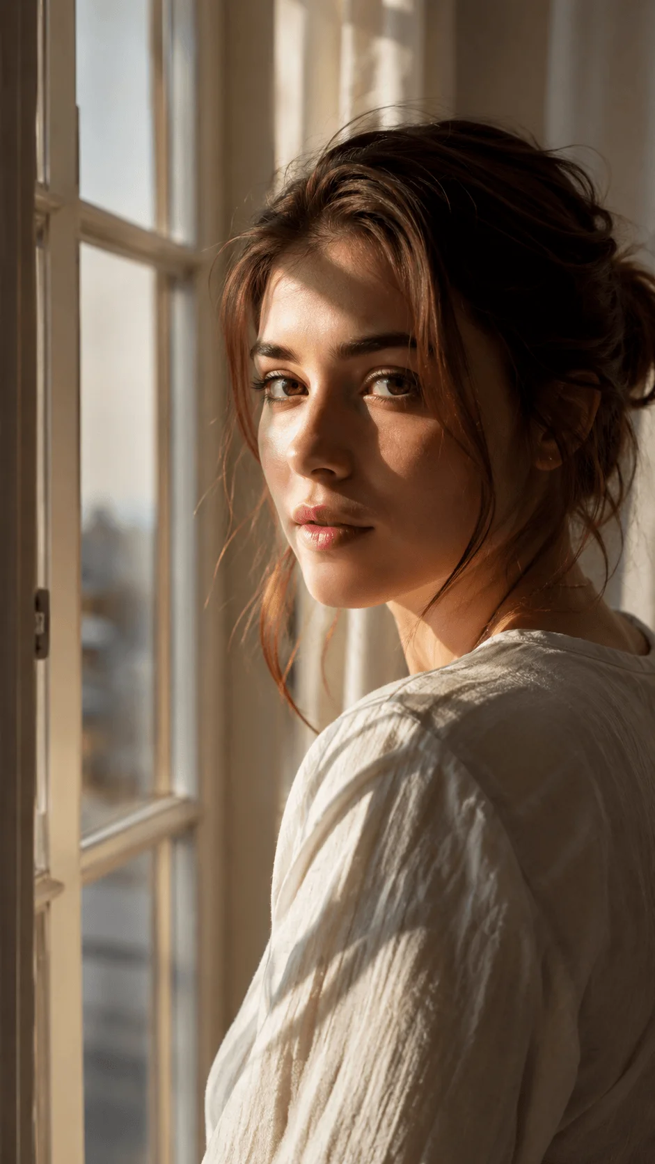 Eco friendly portrait photography with soft natural window light illuminating a woman in a white textured shirt beside a large window