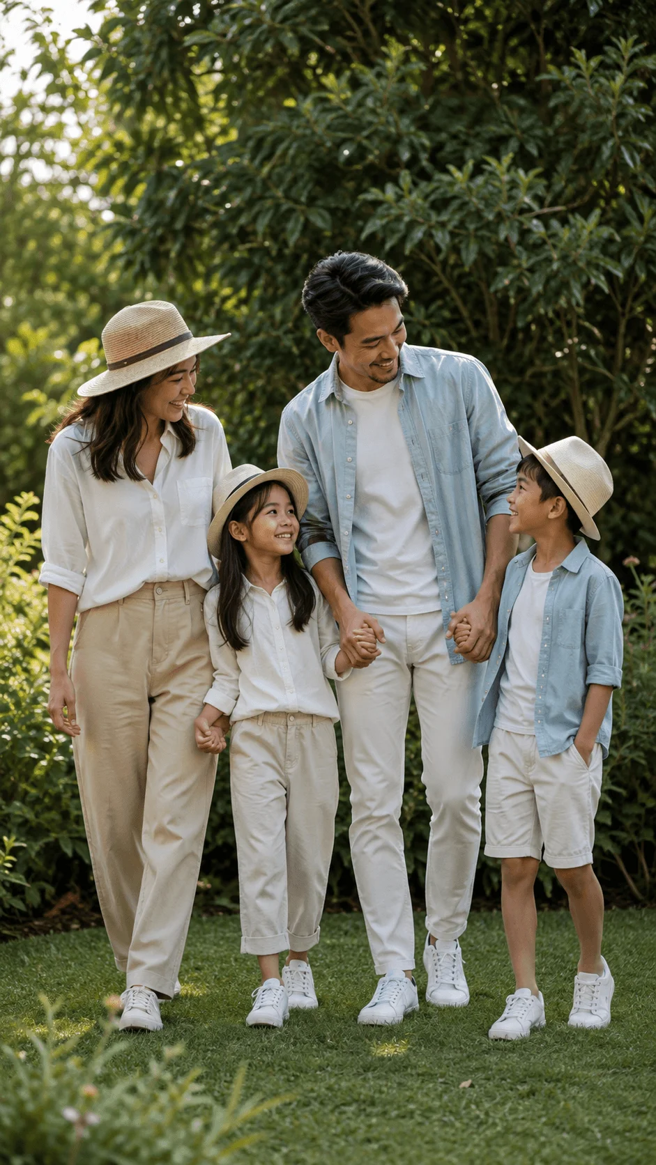 Family wearing coordinated eco friendly outfits with children in sustainable neutral clothing outdoors in a garden