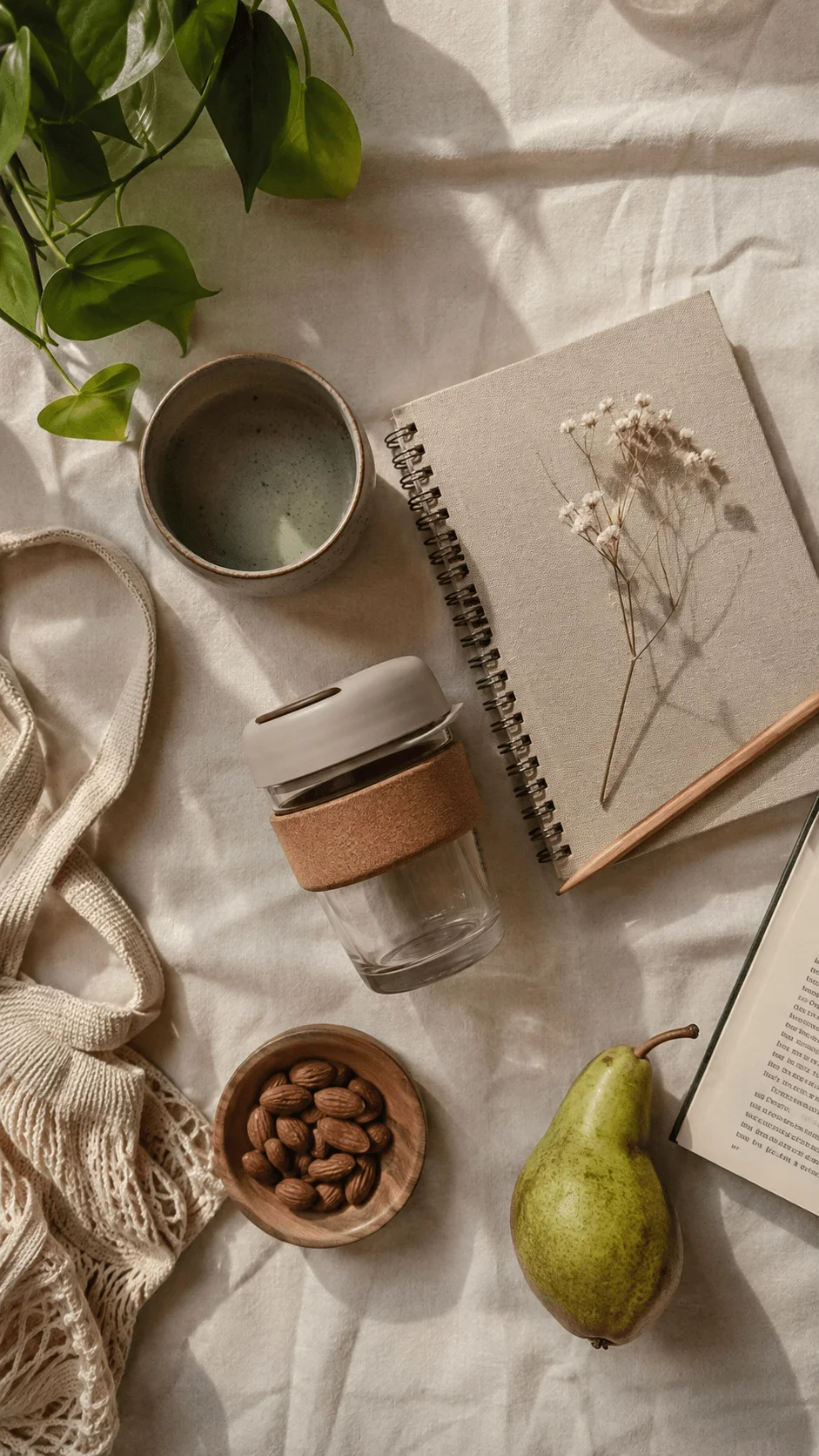 Eco friendly natural flat lay photography featuring a reusable travel cup, notebook, pear, almonds, houseplant, pencil and natural fabric in warm sunlight