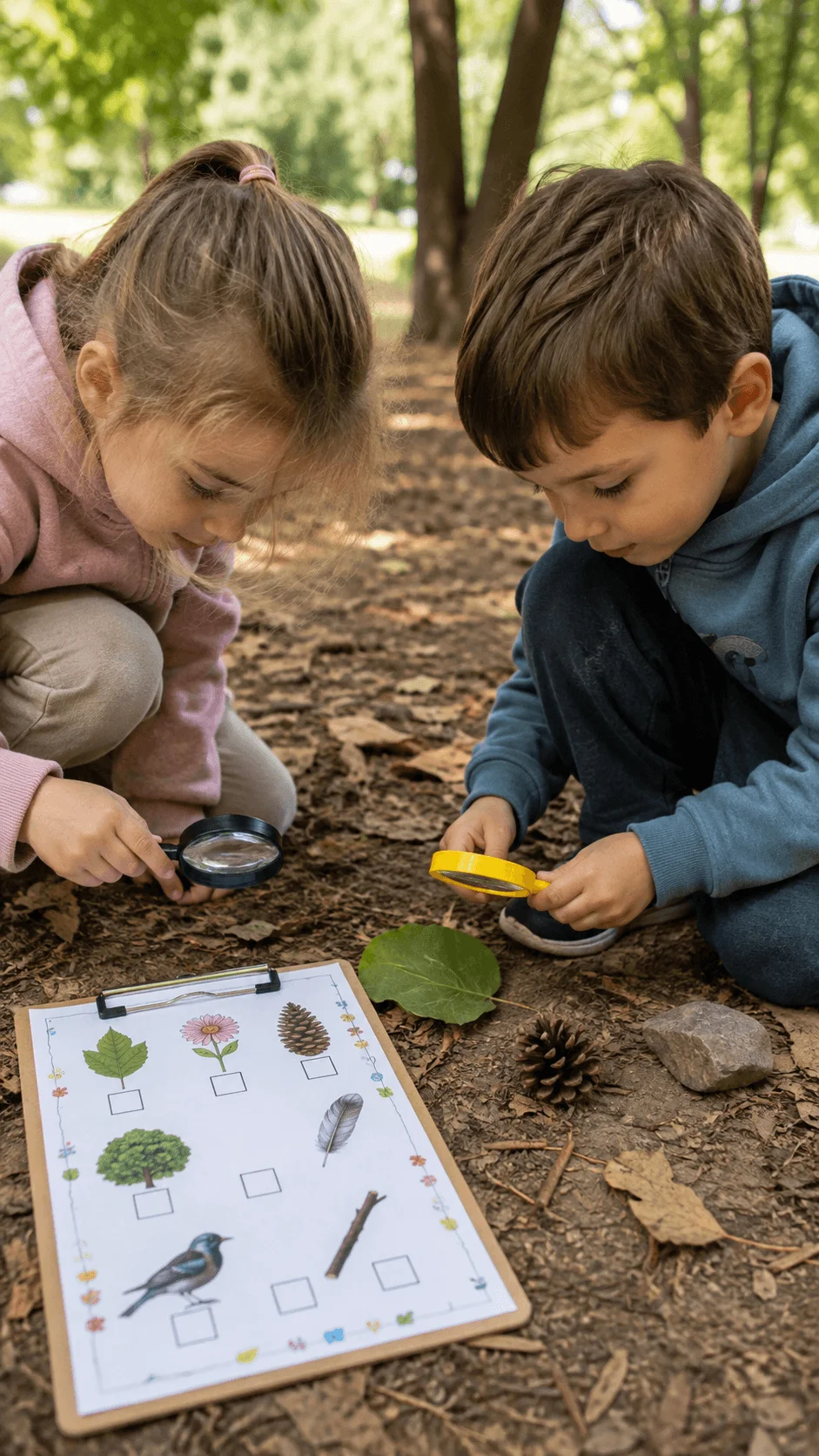Two children using magnifying glasses to examine leaves and natural objects during an outdoor nature scavenger hunt.