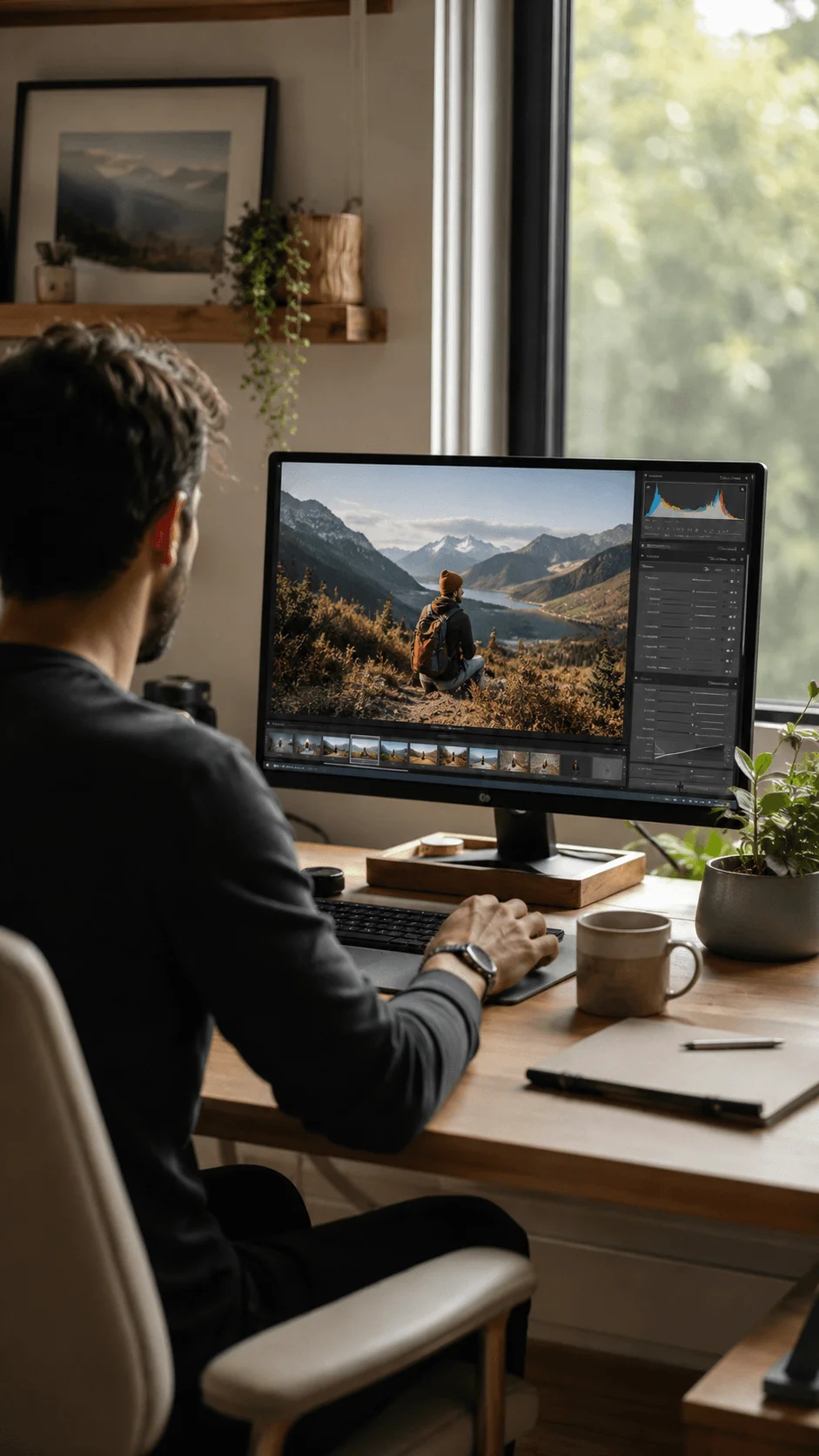 Photographer editing a nature landscape image on computer with photo editing software, mountain scenery, camera equipment and eco friendly creative workspace