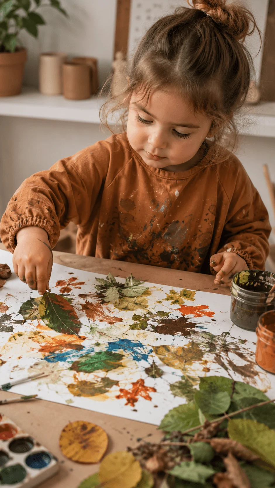 Eco friendly process art for kids using leaves to create colorful nature prints on paper