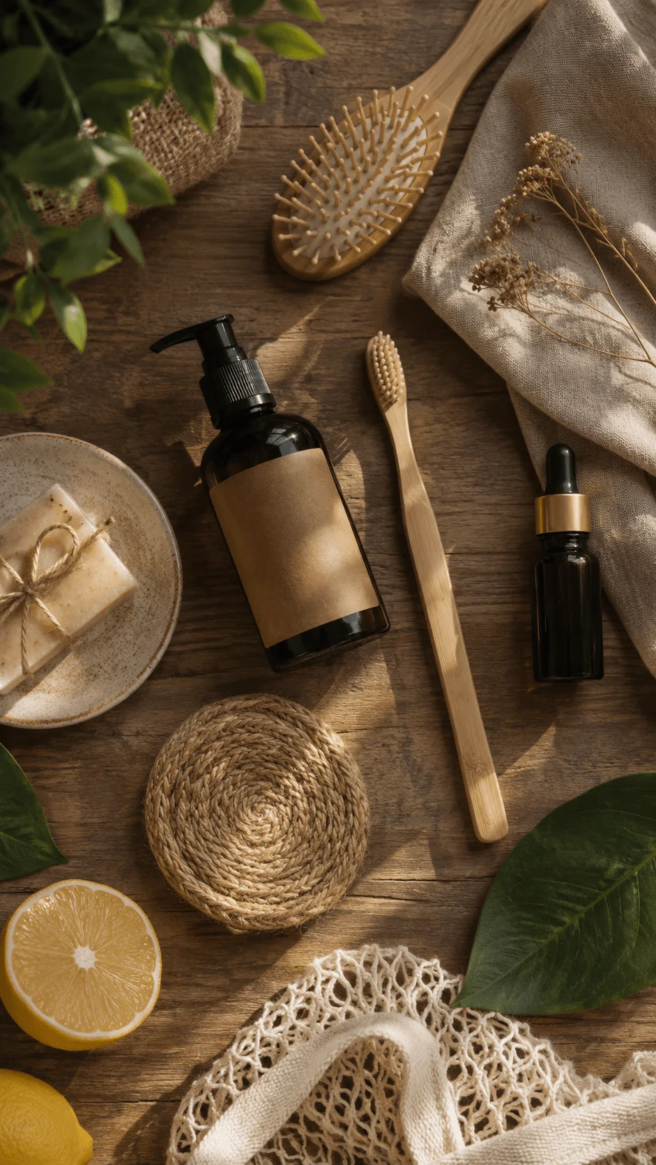 Eco friendly natural beauty products with wooden hairbrush, bamboo toothbrush, refillable bottles, handmade soap, dried flowers, woven accessories, and fresh lemon on a rustic wooden surface