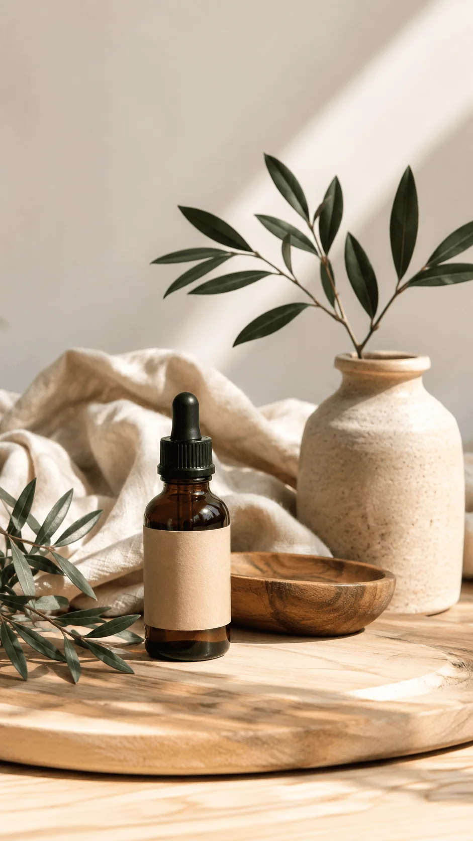 Eco friendly product photography setup with an amber dropper bottle, ceramic vase, olive branches, wooden bowl, and natural linen fabric in warm sunlight
