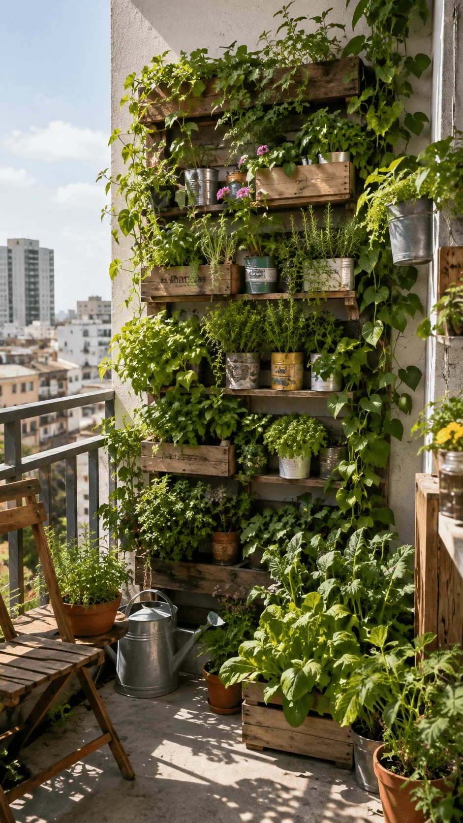 Eco friendly vertical garden on an urban balcony with herbs, leafy plants, climbing vines, reused containers, wooden planters, watering can and city buildings in the background