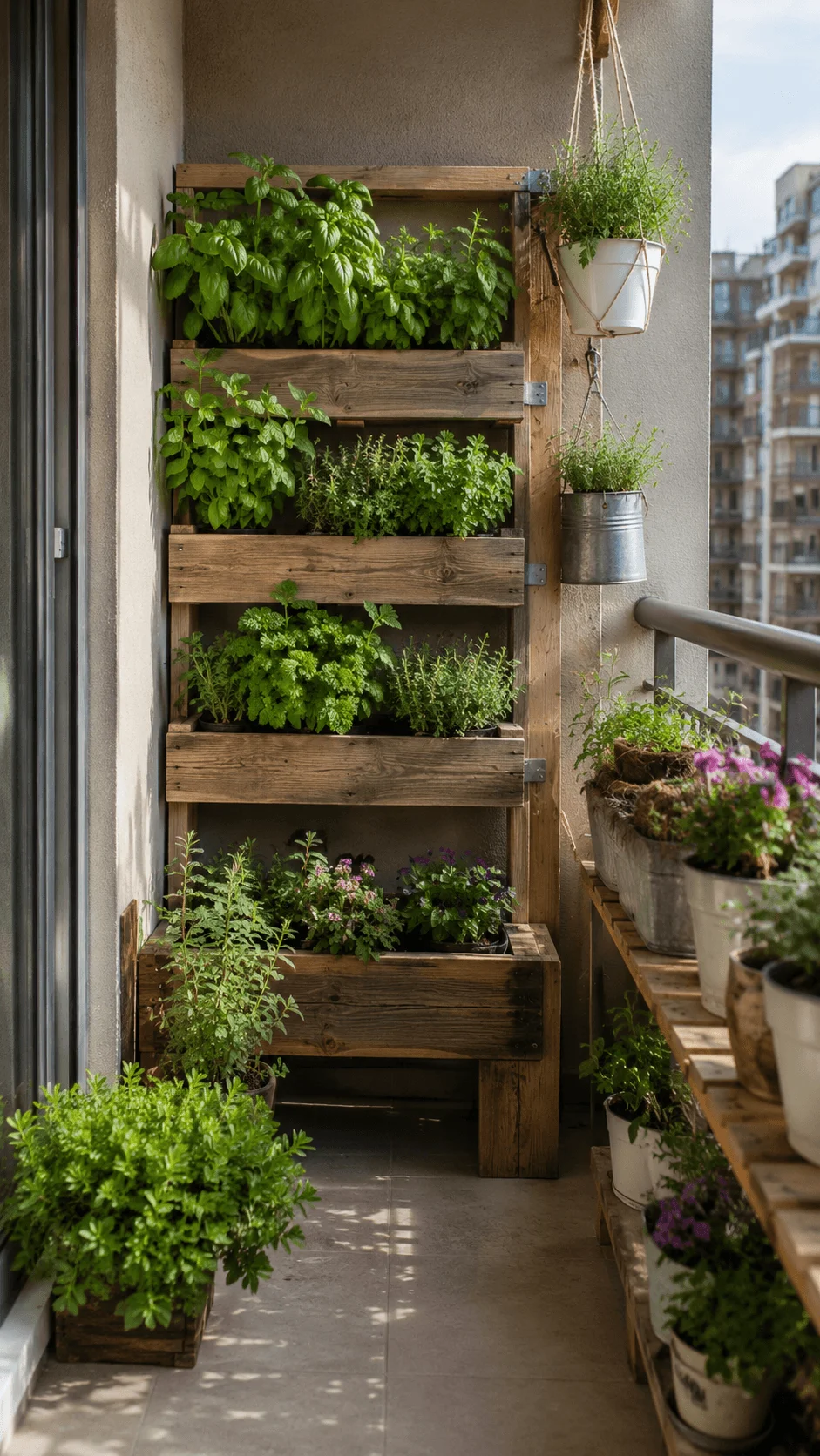Eco friendly vertical apartment balcony garden with wooden tiered planters herbs flowers hanging pots and lush greenery overlooking city buildings