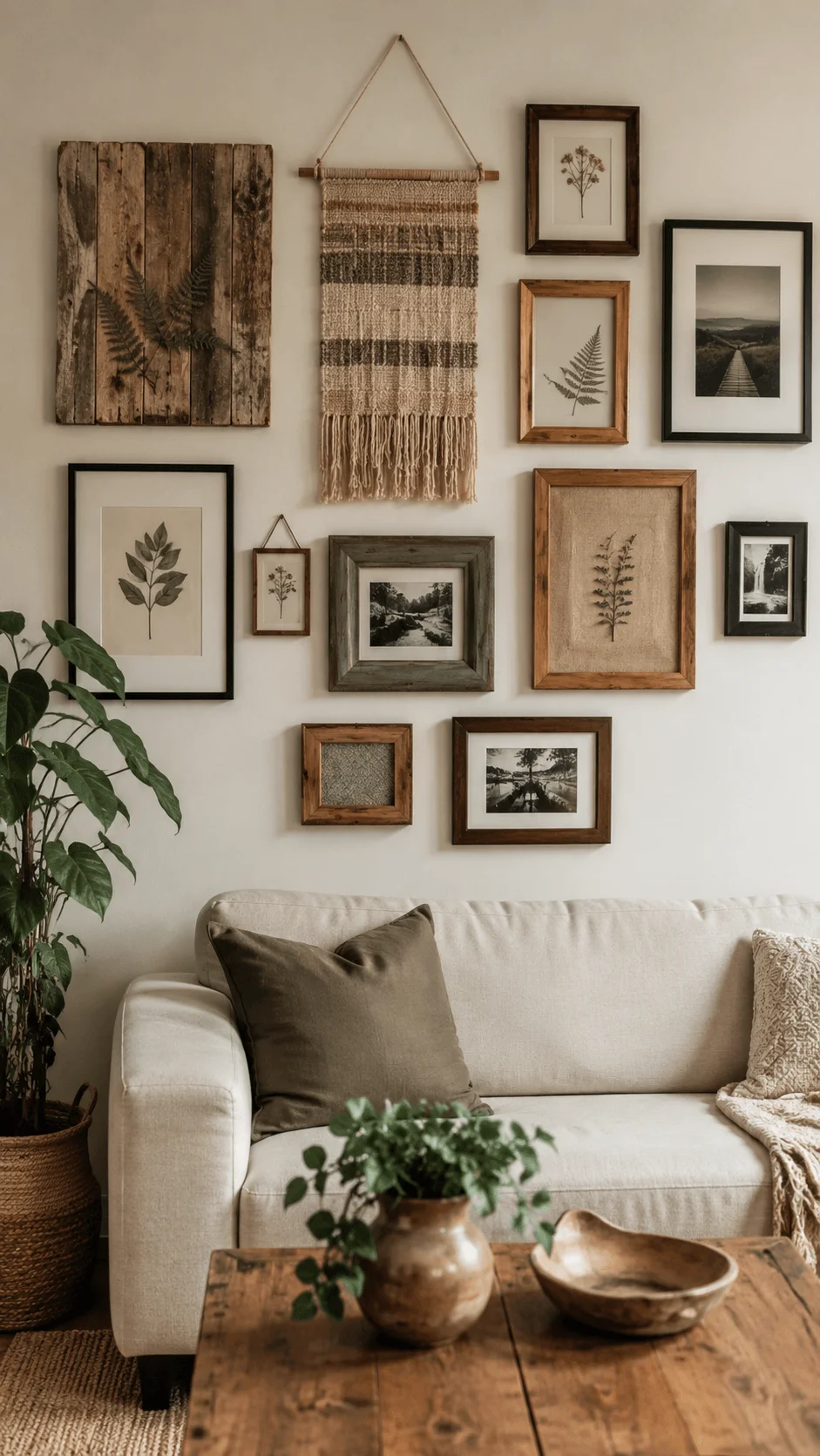 Eco friendly wall decor ideas using recycled materials with rustic wood frames woven textile art botanical prints and natural textures in a cozy living room