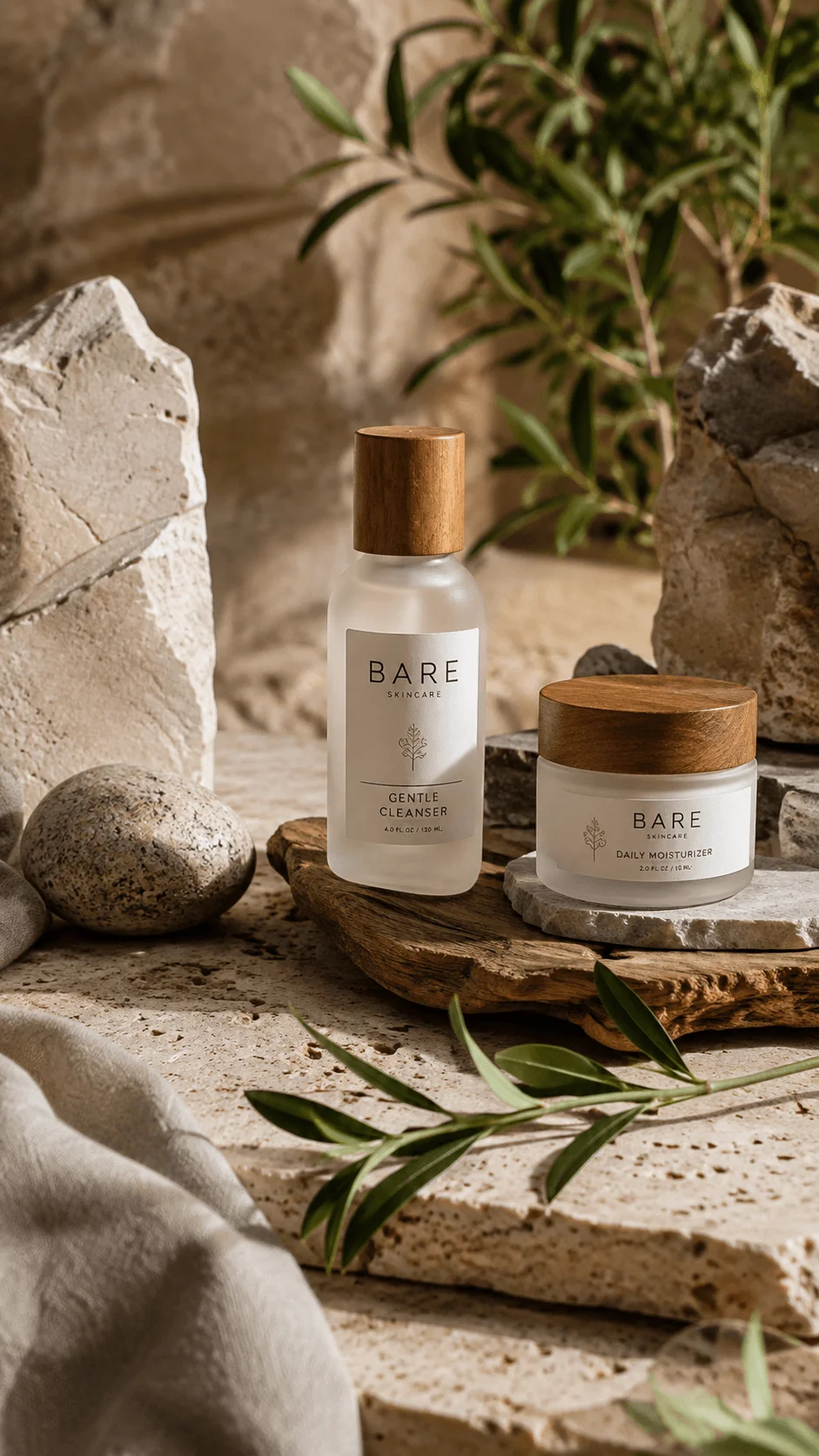 Eco luxury skincare products displayed with natural stone wood olive branches and warm earthy textures