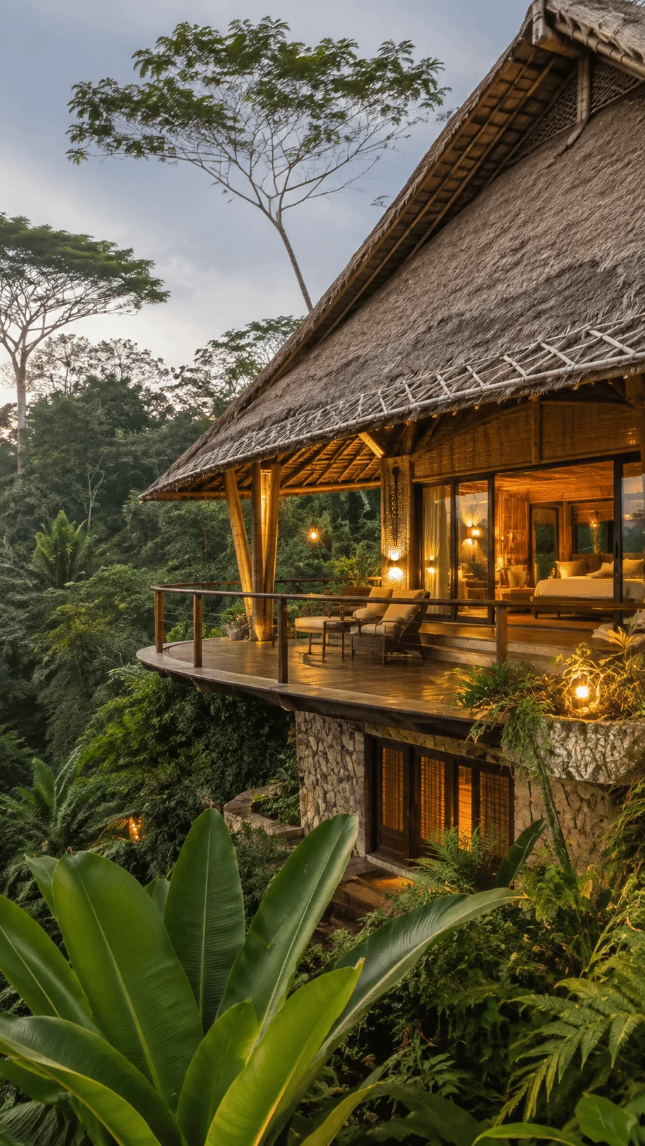 Eco luxury travel photography featuring a sustainable bamboo lodge surrounded by lush tropical forest and natural greenery