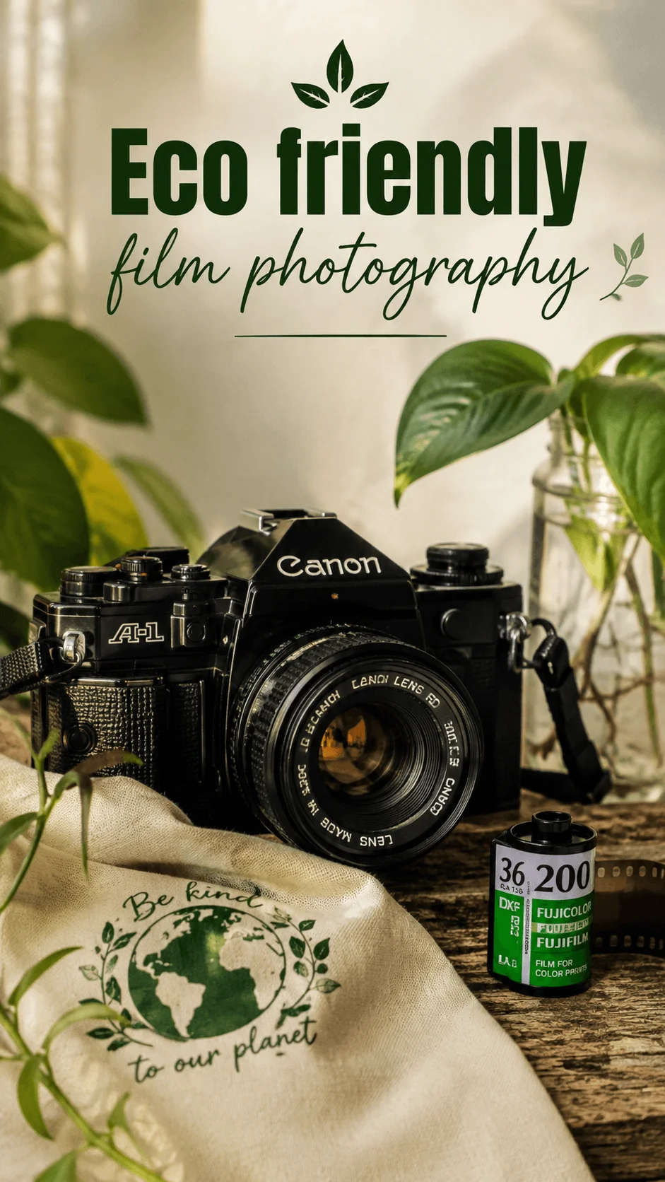 Eco friendly film photography with a vintage Canon camera, Fujifilm film roll, green plants and sustainable fabric decor