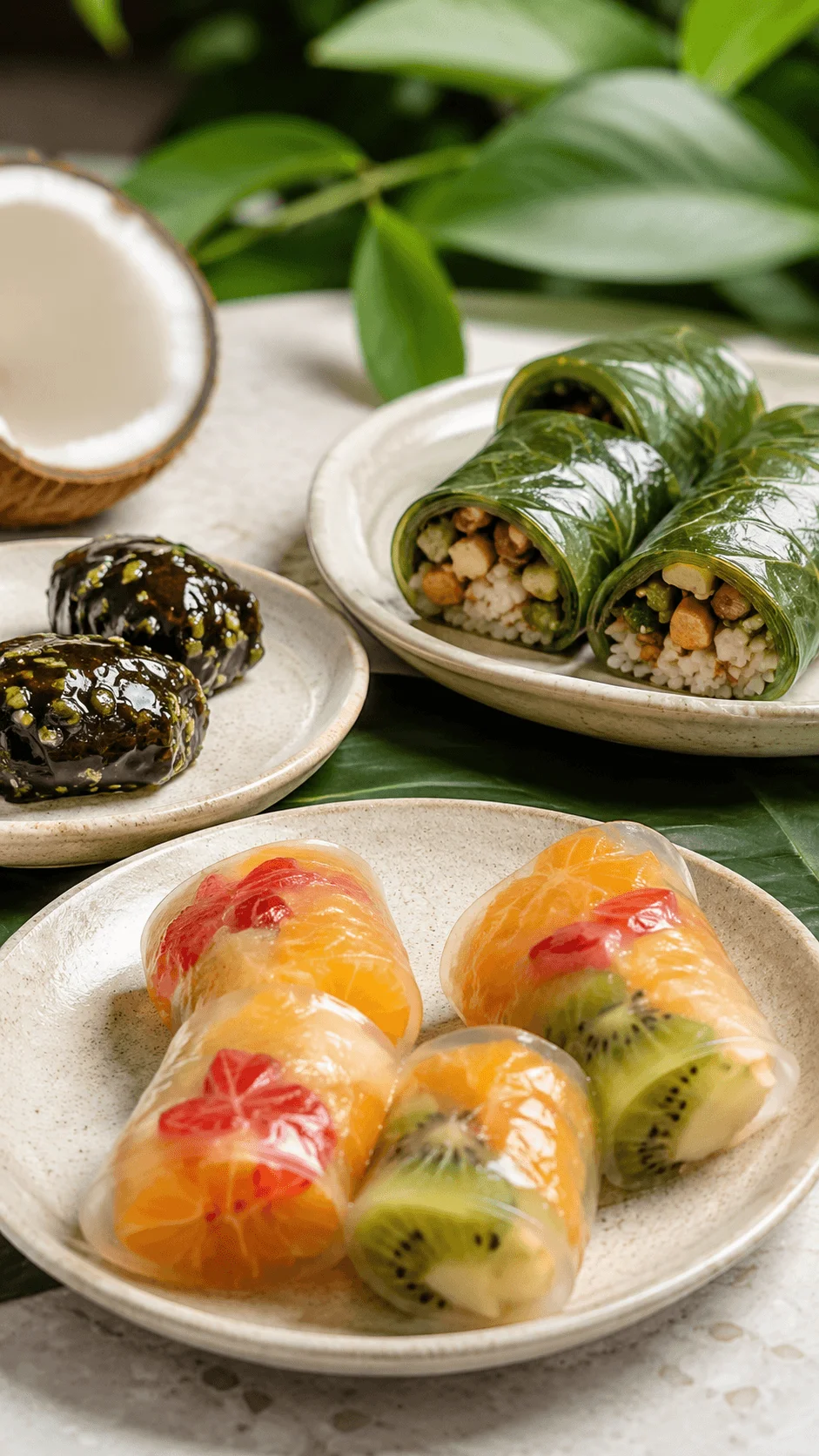 Edible food packaging with fruit wraps and leafy rolls made from natural biodegradable ingredients